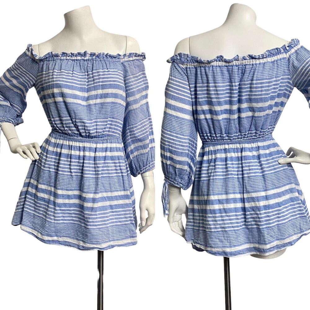 LOVERS + FRIENDS Womens XS Blue White Striped Off Shoulder Nautical Mini Dress